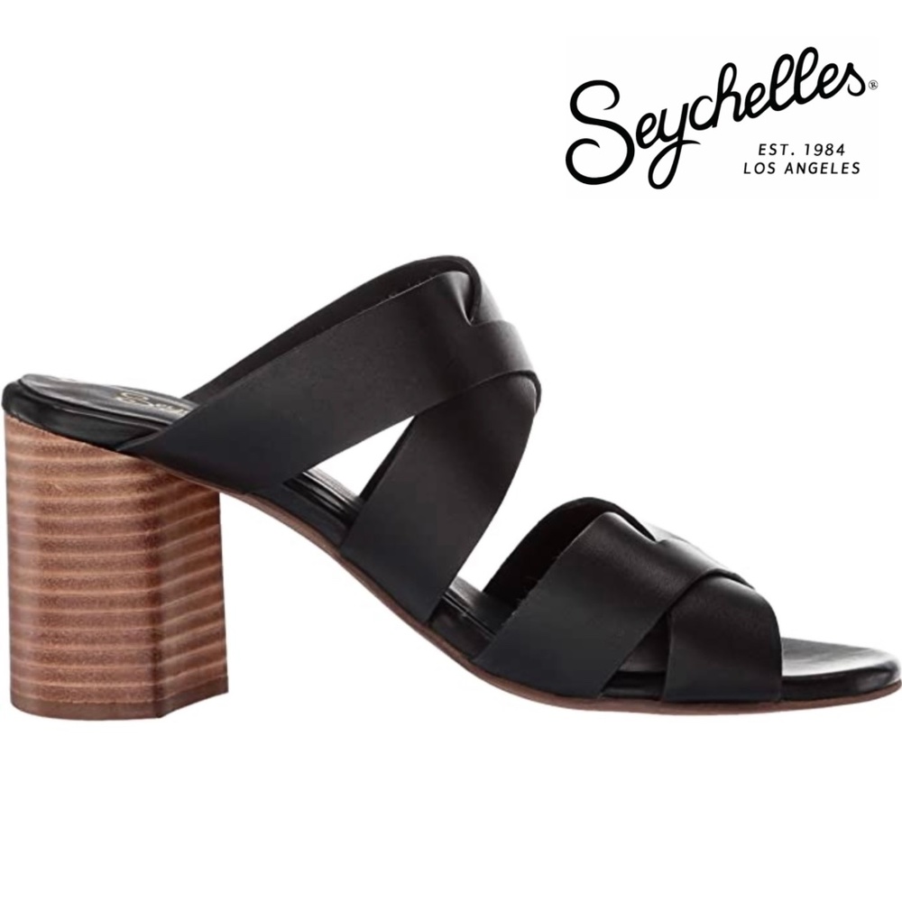 Seychelles Embellishment Black Leather Heeled Mules Block heel Open Toe Sandals
